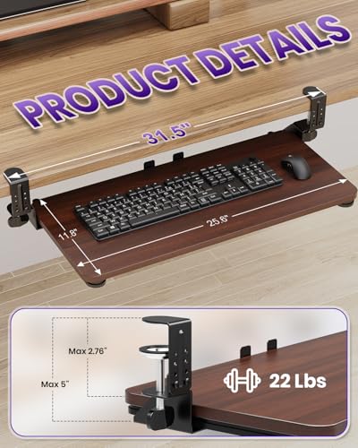 Ergonomic Keyboard Tray Under Desk, 25.6x11.8 Inch Board, Walnut - color: Walnut, size: Large