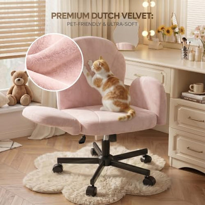 Bestier Criss Cross Office Chair with FILP-Up Armrests, Pink Velvet | Rocking Recline,Swivel Makeup Vanity Chair with 5-Level Folding Armrest, Cross Legged Desk, Adjustable Height Swivel Chair - color: Pink Velvet