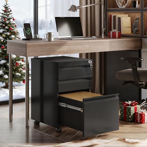 DEVAISE 3 Drawer File Cabinet with Lock, Fully Assembled Except Casters | Metal Filing Cabinet Under Desk for Home Office, Fits Letter/Legal/A4 Size, Black - color: Black, size: 17"D x 15"W x 24"H