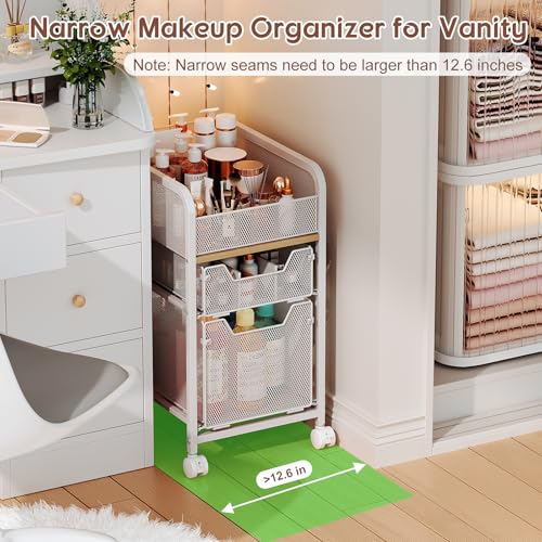 Hongtamoya Rolling Makeup Cart Organizer with 2 Drawers, Under Desk Storage | Narrow Floor Skincare Organizers, Vanity Organizer Cosmetics Display Cases Holder for Nail Polish Perfume Makeup Brush, White - color: White, size: Narrow+1S+1L Drawers