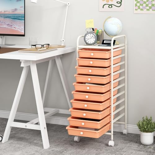 GOFLAME 10-Drawer Rolling Storage Drawer Cart, Utility Cart with Removable Drawers & Metal Frame, Mobile Art Craft Drawer Cart with Lockable Wheels for Home, Office, Studio, School, Peach Fuzz - color: Peach Fuzz, size: 10-Drawer without Wood Top