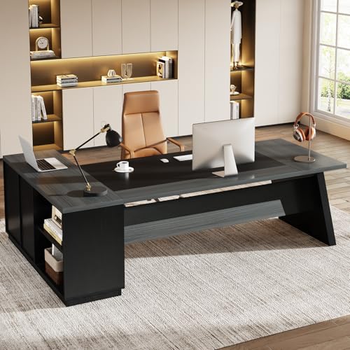 Tribesigns 78" L-Shaped Executive Desk, Large Modern Office Desk with Drawers and Lateral File Cabinet, Business Furniture with Storage Shelves, Big Computer Desk for Home Office (Grey + Blcak) - color: Grey + Blcak