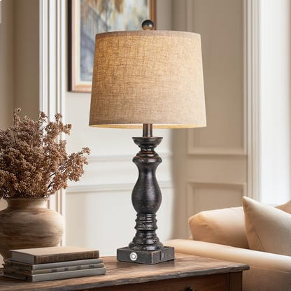 24.5" Table Lamp Set of 2, Rustic Farmhouse Bedside Lamps with USB A+C Charging Ports, 3-Way Dimmable Touch Control Nightstand Lamps for Living Room Bedroom, Antique Black, LED Bulbs Included - color: Antique Black