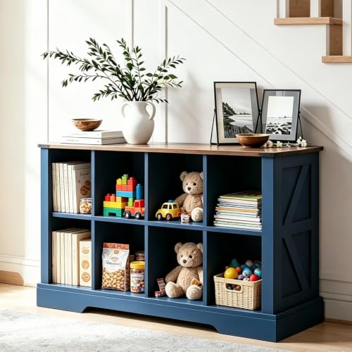 8 Wooden Cube Storage Organizer Shelves, Light up Horizontal Bookshelf, Farmhouse bookcases with led for Living Room - color: Navy Blue, size: 8