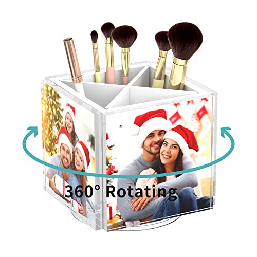 Acrylic Picture Frames for Desk, 4-side Photo Cube for Home, Office | 360° Rotating Desktop Organizer, for Pencil, Makeup Brushes, White, 4"x 4" - color: White