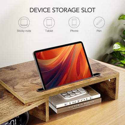 AMERIERGO Dual Monitor Stand Riser- 3 Shelf Screen Stand with Adjustable Length and Angle, 2 Extra Functional Slot Desktop Organizer Stand for PC, Computer, Laptop (Rustic Brown) - color: Rustic Brown