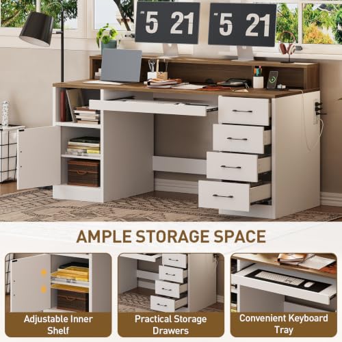 RALGEND 55" Office Desk with Drawers, Farmhouse Executive Desk with Drawers - color: White, Walnut