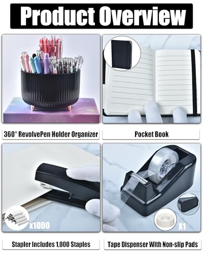 Black Desk Accessories, Office Supplies 360°Pen Holder Desk Organizers, With Tape Dispenser, Stapler, Staple Remover, Ect, Elevate Your Workspace With Sleek Black Sophistication, Back to School - color: Black