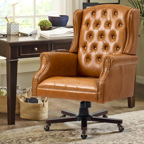Upgraded 2026 Executive Desk Chair, Ergonomic Recliner Chair,Brown | Faux Leather Wingback Home Office Chair with Nail Head Trim & Tufted Back, Big and Tall Office Chair for Home and Living Room - color: Brown, style: Modern