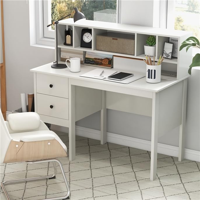 LDAILY Modern Home Office Desk with Hutch, Office Desk with USB Charging Ports and Power Outlets, Computer Desk with 5 Storage Cubbies and 2 Drawers, Writing Study Desk for Bedroom (White) - color: White