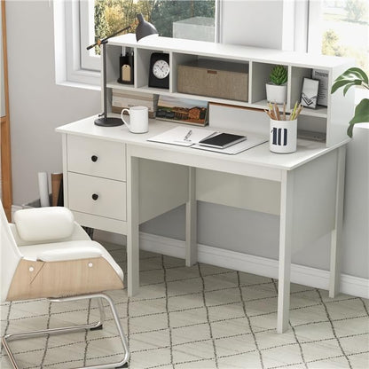 LDAILY Modern Home Office Desk with Hutch, Office Desk with USB Charging Ports and Power Outlets, Computer Desk with 5 Storage Cubbies and 2 Drawers, Writing Study Desk for Bedroom (White) - color: White