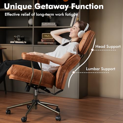 Brown Leather Home Office Chair, Ergonomic High Back Executive Chair with Deep Seat Thick Cushion, Mid Century Modern Big and Tall Computer Desk Chair with Lumbar Support (Light Brown Suede) - color: Brown,suede Fabric, size: Big High Back