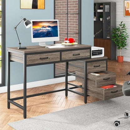 Tribesigns Computer Desk with 5 Drawers, Reversible Home Office Desks - color: Grey