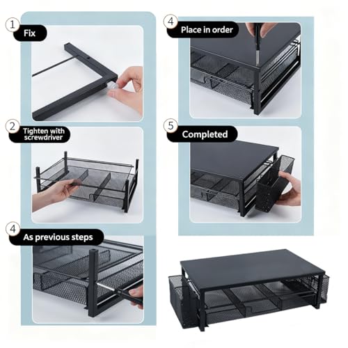 2 Tier Metal Monitor Stand Riser with Drawer, Desk Organizer with 2 Pen Holders Ergonomic Computer Stand for Office Home Dorm