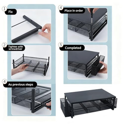 2 Tier Metal Monitor Stand Riser with Drawer, Desk Organizer with 2 Pen Holders Ergonomic Computer Stand for Office Home Dorm