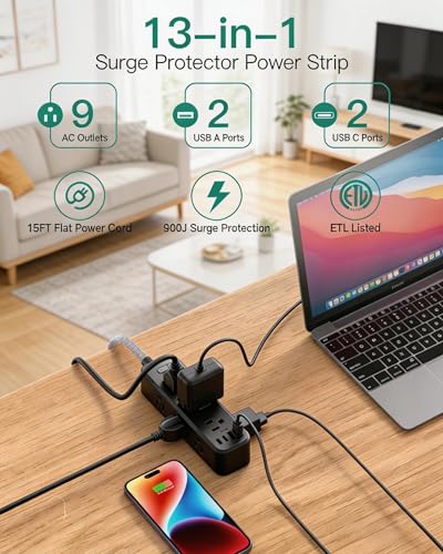 Mifaso Extension Cord with Multiple Outlets 15FT, 13-in-1 Long Power Strip | 9 AC & 4 USB Ports (2 USB C), Surge Protector with 900J, 3-Sided Desktop Charging Station for Home Office College Dorm, Black - color: Black, size: 15FT
