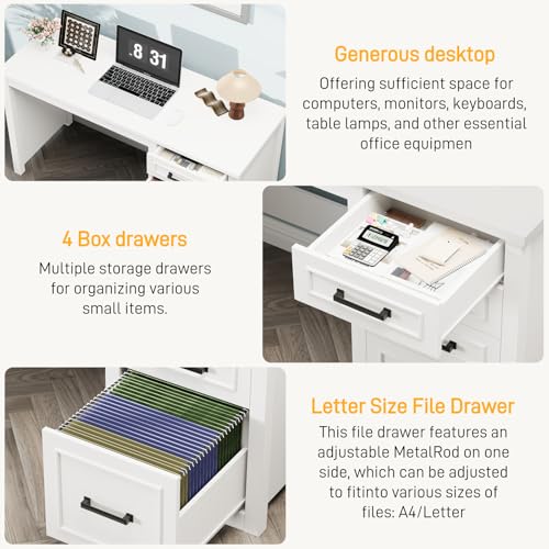 Vabches Farmhouse 49” Executive Desk with File Drawer, Cream White | 4 Drawers Reversible Computer Desk with Storage, Rustic Home Writing Workstation for Home Office - color: 49in Cream White