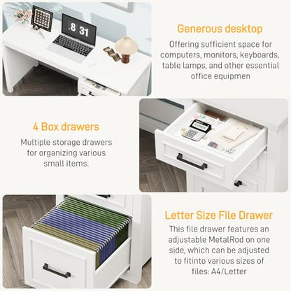 Vabches Farmhouse 49” Executive Desk with File Drawer, Cream White | 4 Drawers Reversible Computer Desk with Storage, Rustic Home Writing Workstation for Home Office - color: 49in Cream White