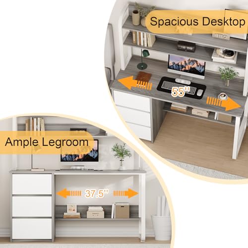 MaverickFurni 55 Inch Computer Desk with Hutch and 3 Drawers, Gray - color: Grey, size: 55"W