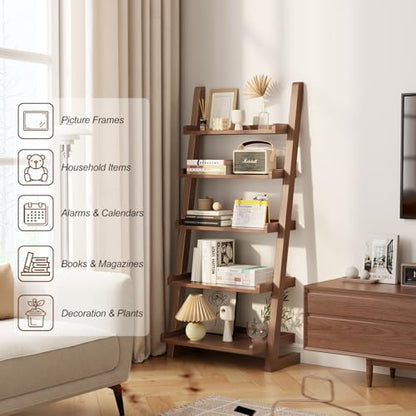AQIMUELE Walnut Wooden Ladder Shelf with Edges, 5-Tier Modern Leaning Bookshelf Ladder – Stylish Space-Saving Bookcase for Living Room, Bedroom & Home Office - color: Walnut, size: 5-Tier