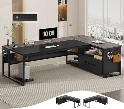 UPOSOJA 71" Executive Desk, L Shaped Office Desk with Widen File Drawers - color: Grey, size: Widen Drawer