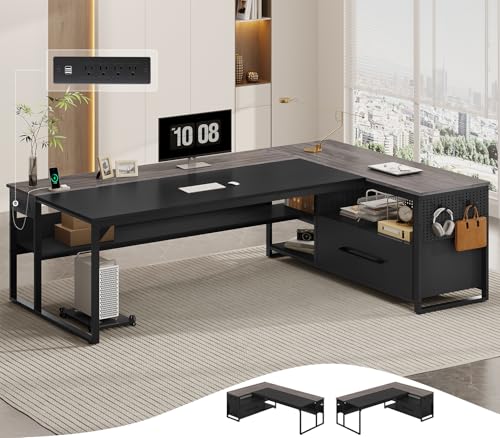 UPOSOJA 71" Executive Desk, L Shaped Office Desk with Widen File Drawers - color: Grey, size: Widen Drawer