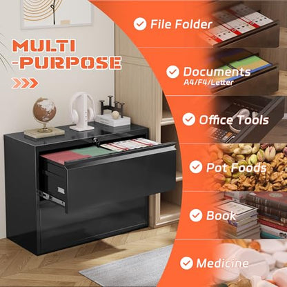 Lateral File Cabinet 2 Drawer, Black Metal File Cabinets for Home Office, Locking File Cabinet for Letter/Legal/F4/A4 Size Hanging Files, Easy Assembly