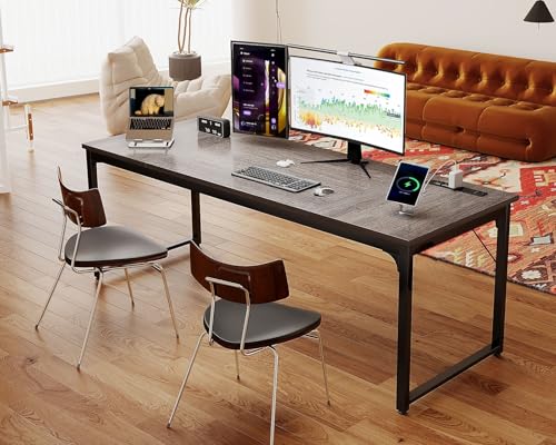 Coleshome 71 Inch Computer Desk with Power Outlet - color: Grey Oak, size: 71 Inches