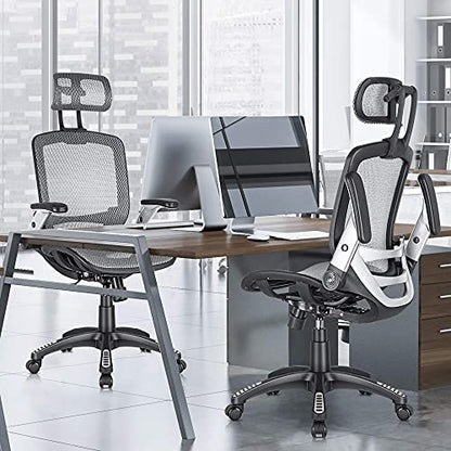 GABRYLLY Ergonomic Office Chair, High Back Home Desk Chair with Headrest, Flip-Up Arms, 90-120° Tilt Lock and Wide Cushion, Big and Tall Mesh Chairs for Man Woman, Grey Task Chair - color: Grey