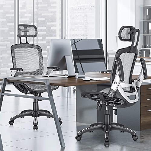 GABRYLLY Ergonomic Office Chair, High Back Home Desk Chair with Headrest, Flip-Up Arms, 90-120° Tilt Lock and Wide Cushion, Big and Tall Mesh Chairs for Man Woman, Grey Task Chair - color: Grey