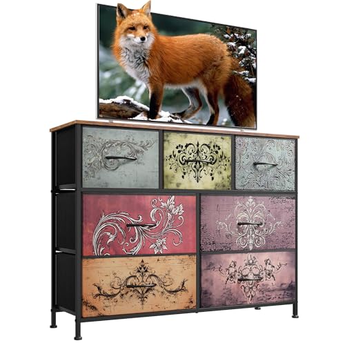 WLIVE 7 Drawer Dresser TV Stand, Entertainment Center, Media Console Table with Metal Frame and Wood Top for TV up to 45 inch, Chest of Drawers for Bedroom, Living Room, Pattern - color: Pattern