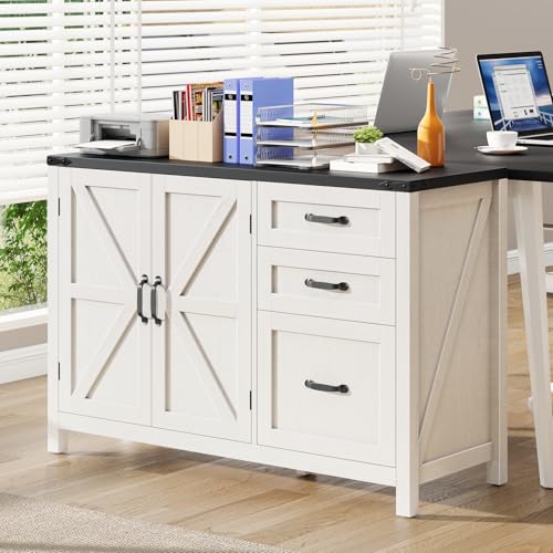 Farmhouse File Cabinet with Doors, Lateral Filing Cabinet, White and Black - color: White and Black, size: 15.75"D x 41.02"W x 28.23"H