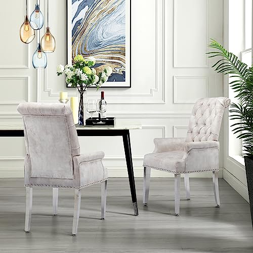 LOULENS Velvet Dining Chairs Set of 4, Dining Chairs with Arms, Beige | Upholstered, High Back, Tufted, Luxurious, Stainless Steel Leg, for Kitchen & Dining Room - color: Beige, size: 4 PCS