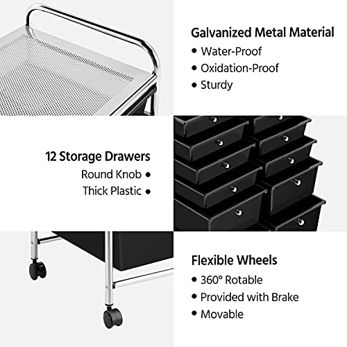 Yaheetech 12-Drawer Rolling Storage Cart on Wheels, Craft Organizer, Black - color: Black, style: 12 Drawers
