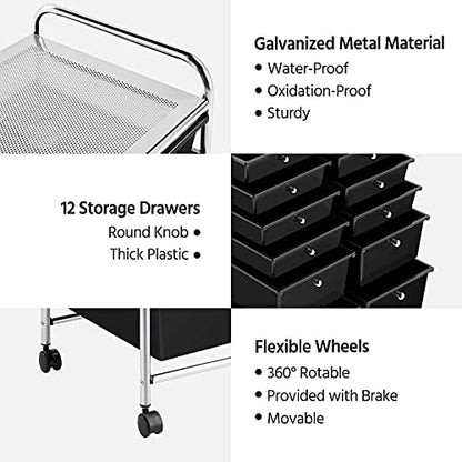 Yaheetech 12-Drawer Rolling Storage Cart on Wheels, Craft Organizer, Black - color: Black, style: 12 Drawers