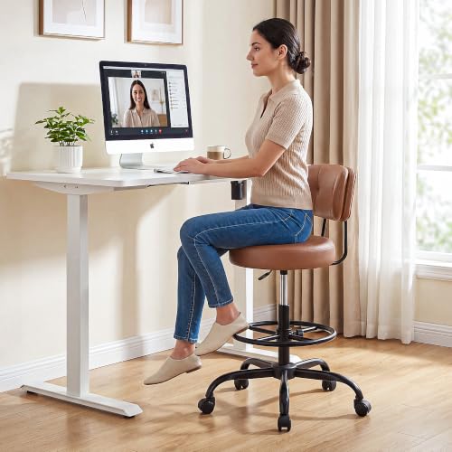 Homkdom Drafting Chair 17.32" Wide Seat & 3.94" Thick Cushion | Height-Adjustable Office Chair with Footrest Ring for Standing Desk, Auto-Lock Gravity Casters - PU Leather Brown - color: Brown