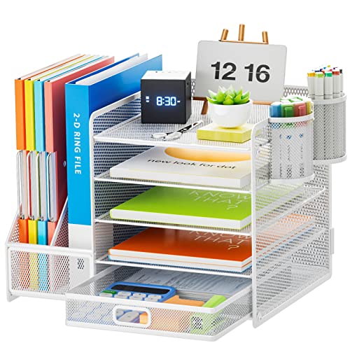 Marbrasse Desk Organiser with File Holder, 5-Tier Paper Letter Tray Organiser with Drawer and 2 Pen Holder, Mesh Desktop Organizer and Storage with Magazine Holder for Office Supplies(White) - color: White