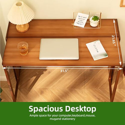 32.68" Space Saver Transformer Desk, Skinny Mid Century Modern Writing Table, Bamboo Foldable Study Table for Small Spaces, Compact Computer Desk for Bedroom Home Office Dorm Apartment (Walnut)