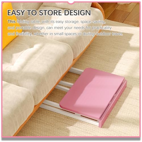 4NM 23.6" Mobile Small Folding Desk, Foldable Rolling Computer Home Office Desk, Study Writing Table for Small Space Saving Bedroom, with Wheels - Pink and White - color: Pink and White, size: 23.6"W x 15.7"D