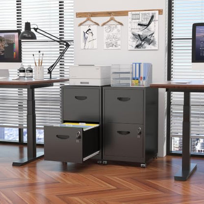 Metal 2 Drawer File Cabinet with Lock & Wheels for Office,Black | Small Mobile File Cabinets for Home Office, Under Desk Vertical Rolling File Cabinet Fit Hanging Files, Letter & A4 Documents - color: Black, style: 2 Drawers Mobile File Cabinet