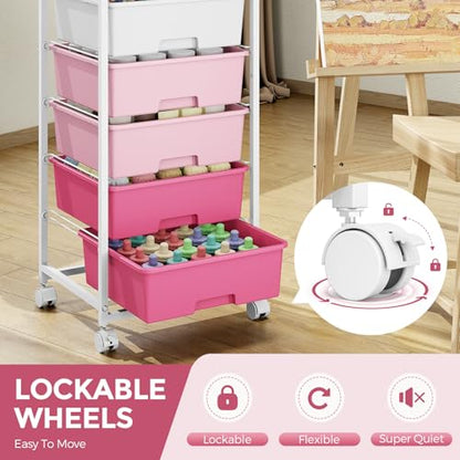 6 Drawer Rolling Storage Cart with Wooden Top and Wheels for Crafts, Pink - color: Pink