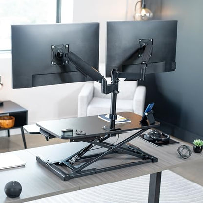 VIVO Black 32 inch Desk Riser with Monitor Mount, DESK-KIT-0K2K | Standing Desk Converter with Dual Monitor Mount for up to 32 inch Screens, Height Adjustable Riser, Mechanical Spring Arms - size: 32"