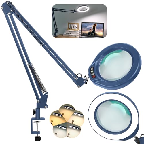 Veemagni 5 Inch Large Real Glass Magnifying Glass with Light and Stand, 5 Color Modes Stepless Dimmable, 2 * 16 Inch Swivel Arm LED Clamp Desk Lamp, Hands Free 15X Lighted Magnifier for Crafting-Blue - color: Blue, size: 15X