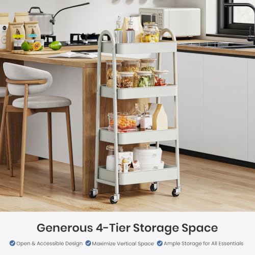DUMOS 4 Tiers Rolling Utility Cart, Storage Organizer, Shelving Unit | Metal, Lockable Wheels, Mobile, Kitchen, Bathroom, Laundry, Narrow Places, White - color: 4-tier White