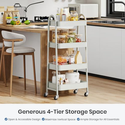DUMOS 4 Tiers Rolling Utility Cart, Storage Organizer, Shelving Unit | Metal, Lockable Wheels, Mobile, Kitchen, Bathroom, Laundry, Narrow Places, White - color: 4-tier White