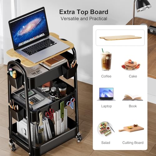3 Tier Metal Heavy Duty Rolling Cart with Wheels & Wood Table Top, Black | Three-Tiered Organizer on Wheels, Storage Utility Cart for Craft, Art, Diaper Caddy, Baby Nursery, Office, Laundry,Snack,Book - color: Black