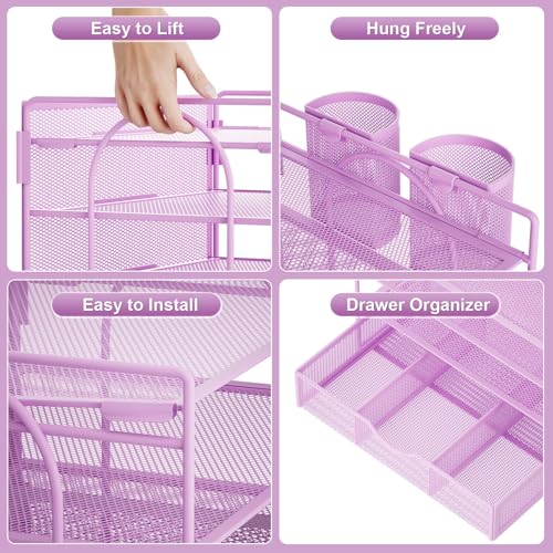 Marbrasse Desk Organizer, 4-Tier Paper File Letter Tray, Purple-2P | Sturdy Paper Tray, File Holder, Built-in Drawer, 2 Pen Slots, fits Letters/Files, for School Home Office Supplies - color: Purple with Pen Holder 2P