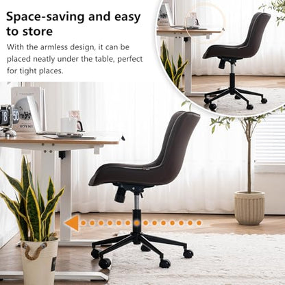 YOUNIKE Office Desk Chair with Wheels Armless Vanity Chair Modern Brown | Faux Leather Upholstered with Rocking Back, Swivel Height Adjustable Small Cute Computer Rolling Task Chair Ergonomic 300lb - color: Brown, size: Base Black