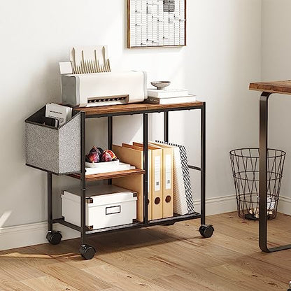MAHANCRIS Printer Stand with Storage Bag, 3-Tier Mobile Under Desk Printer Cart with Wheels, Wood Rolling Printer Table, Organizer Shelf for Study, Office, Living Room, Rustic Brown PTHR2201 - color: Rustic Brown