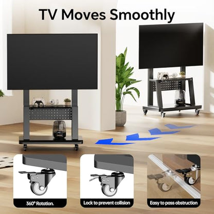 Mobile TV Stand on Wheels for 32-75 Inch TVs | with Perforated Panel Storage&Shelf, Height Adjustable Heavy-Duty Holds up to 180lbs,Max VESA 600 * 400mm - color: All Black